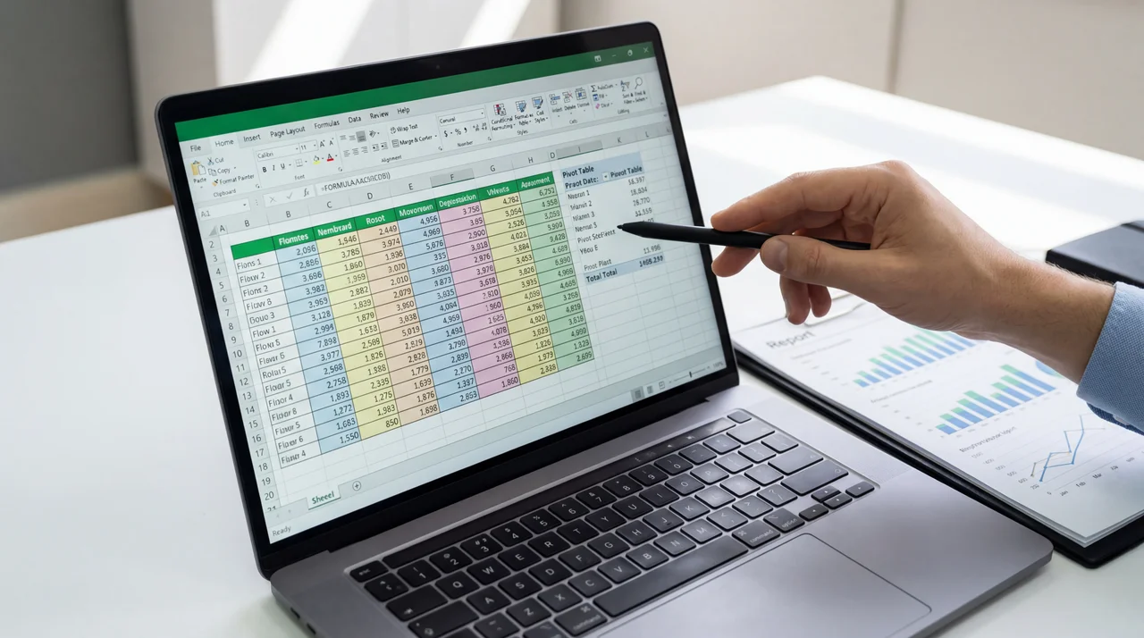 Laptop con Excel y tablas dinámicas